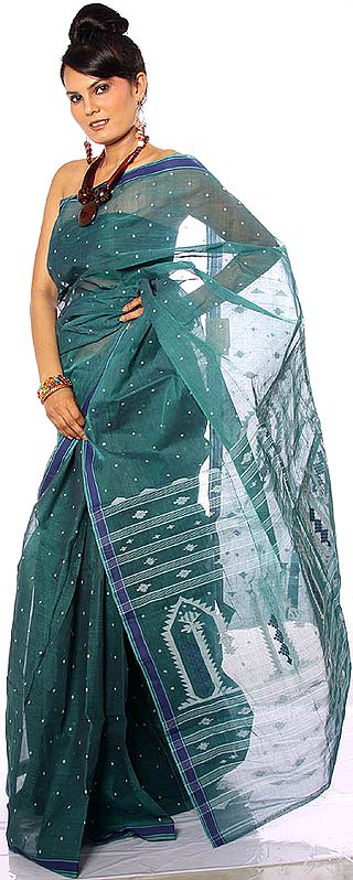 Teal-Green Tengail Sari from Kolkata with Woven Bootis