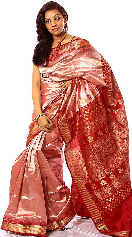 Tea-Rose Handwoven Sari from Bangalore with Golden Thread Weave