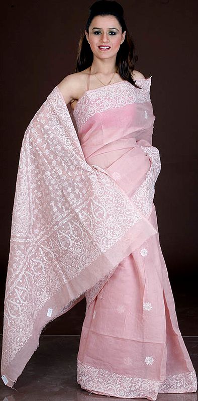 Tea-Rose Lukhnavi Chikan Sari with Embroidery and Mokaish Work