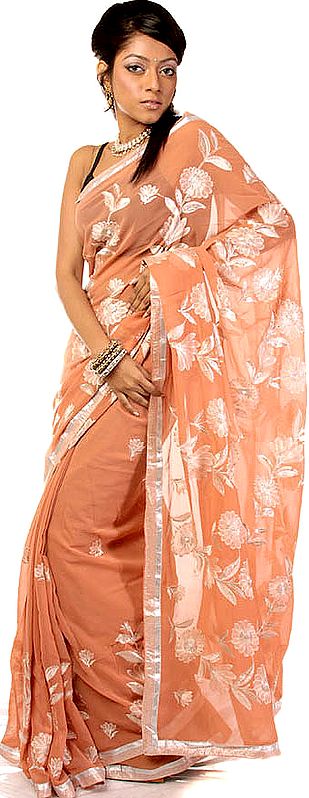 Terra-Cotta Sari with Floral Embroidery and Gota Border