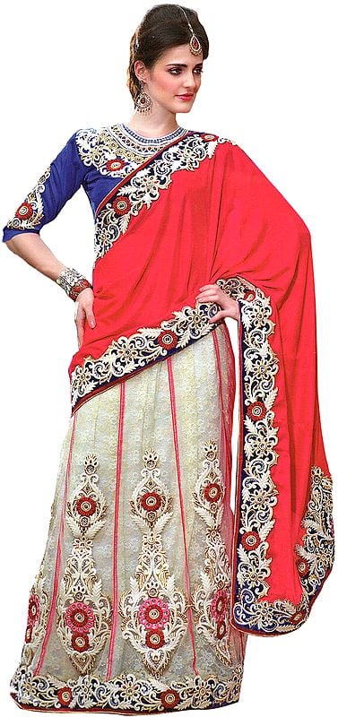 Tomato and Cream Bridal Lehenga-Sari with Embroidered Floral Patches