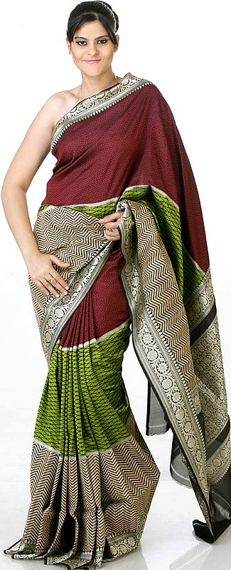 Tri-Color Designer Sari from Banaras with Jute Weave and Brocaded Border