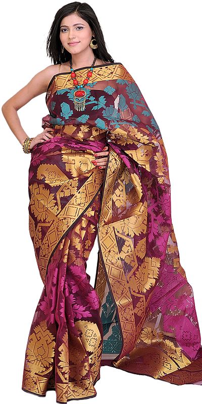 Tri-Color Banarasi Sari with Woven Design All-Over