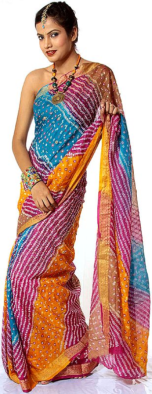 Tri-Color Bandhani Silk Sari from Rajasthan with Beadwork