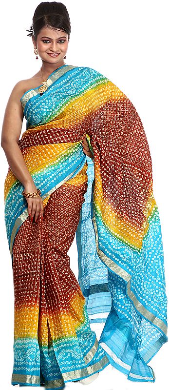 Tri-Color Bandhani Tie-Dye Gharchola Sari from Gujrat with Golden Thread Weave