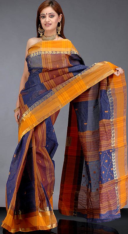 Tri-Color Bengal Cotton Sari with Checks