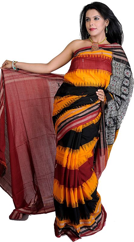 Tri-Color Bomkai Sari with Hand-woven Boootis and Rudrakhsha Border