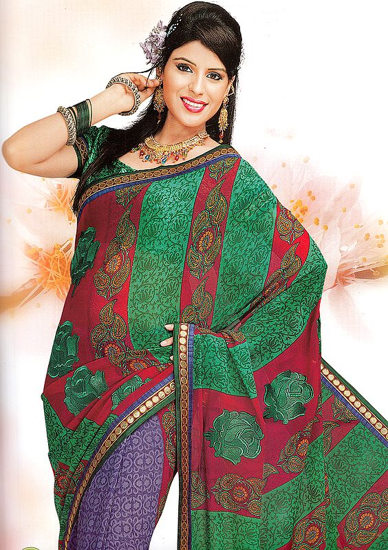Tri-Color Designer Sari with Printed Paisleys and Embroidered Roses