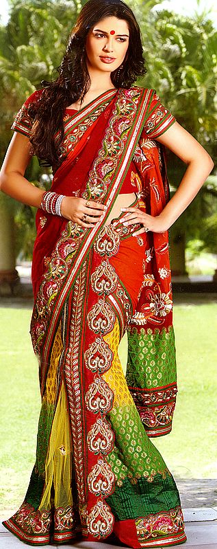Tri-Color Designer Wedding Sari with Metallic Thread Embroidery and Brocade Weave