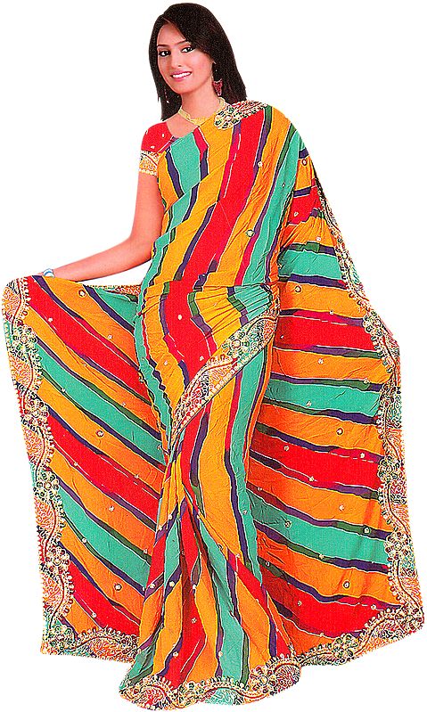 Tri-Color Printed Sari with Embroidered Flowers and Sequins