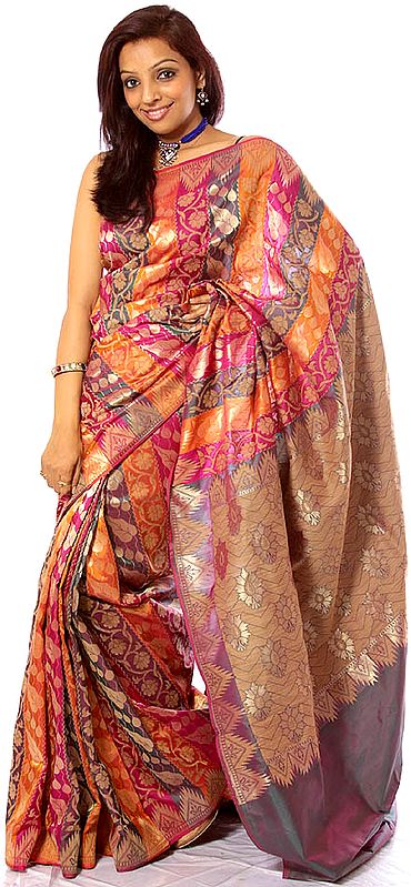 Tri-Color Rainbow Sari from Banaras with Hand-woven Leaves All-Over in Golden and Jute Thread