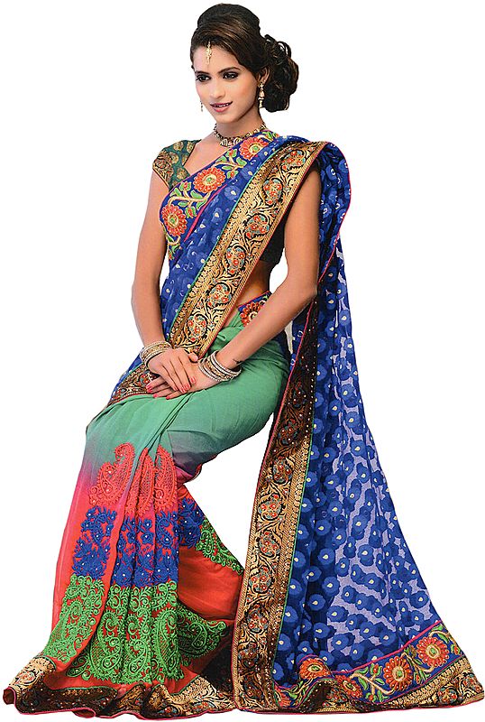 Tri-Color Wedding Sari with Patchwork and Woven Bootis