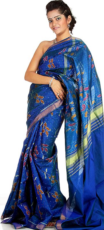 Tru-Blue Double Ikat Patan Patola Sari Hand-woven in Gujarat