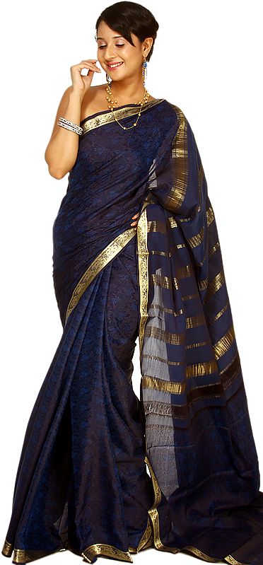True Navy-Blue Suryani Sari from Mysore with Flowers Woven in Self and Golden Border