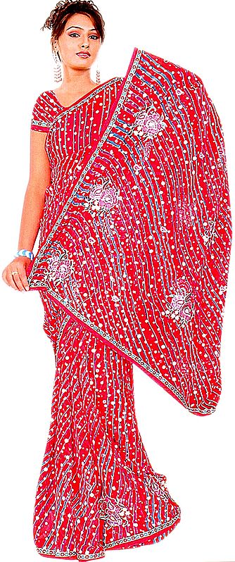 True Red Sari with Crewel Embroidered Flowers and Printed Polka Dots