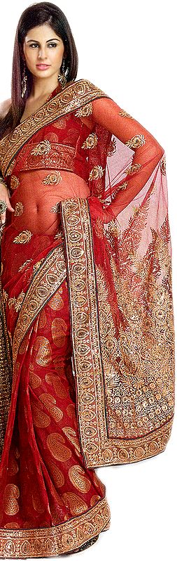 True-Red Designer Sari with All-Over Woven Paisleys and Heavy Embroidery on Anchal