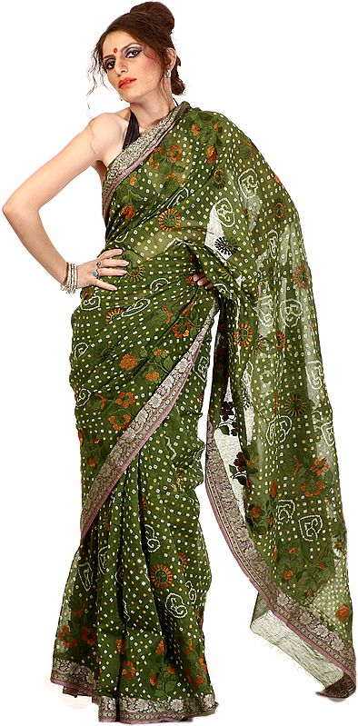 Turf-Green Bandhani Tie-Dye Sari with Aari Embrodiery and Floral Border