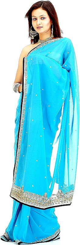 Turquoise and Black Sari with Threadwork and Sequins