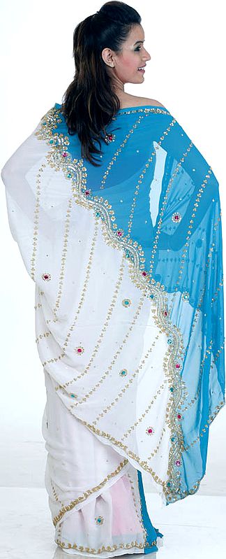 Turquoise and Ivory Sari with Sequins and Large Beads