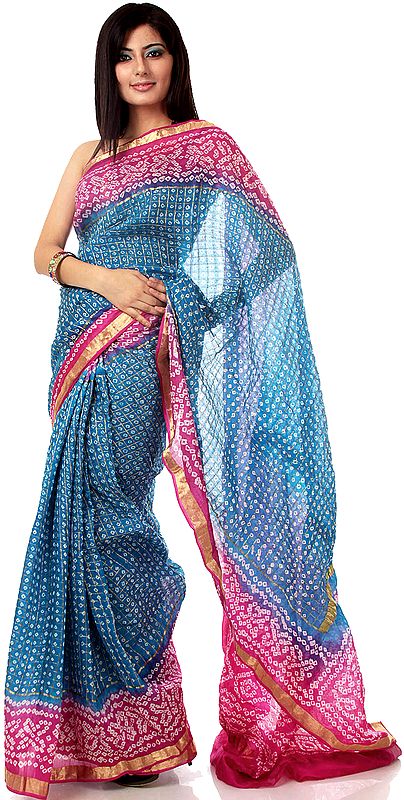 Turquoise and Magenta Bandhani Gharchola Sari from Gujarat