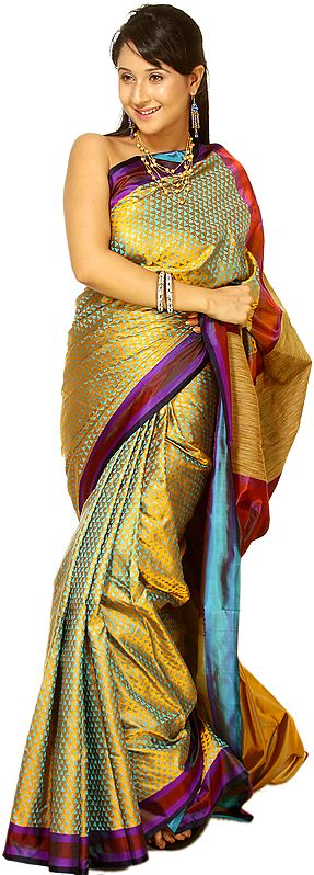 Turquoise and Mustard Banarasi Sari with All-Over Woven Triangles