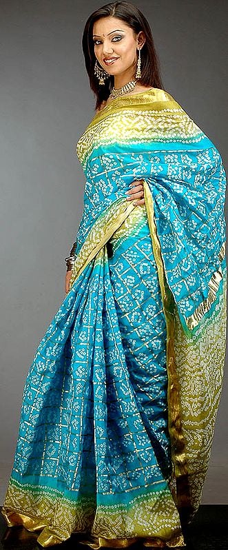 Turquoise and Olive Green Gharchola Sari