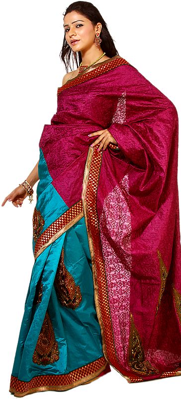 Turquoise and Phlox-Purple Handloom Sari From Banaras with Patch Border and Large Embroidered Bootis