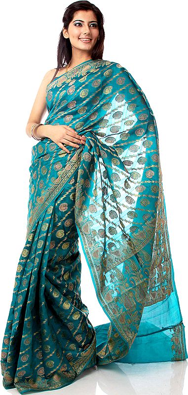 Turquoise Banarasi Sari with Woven Paisleys All-Over