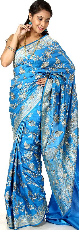 Turquoise Banarasi Satin Sari with Woven Paisleys and Embroidered Beads by Hand