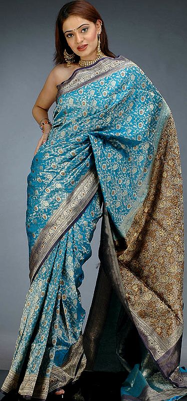 Turquoise Banarasi Wedding Sari with Floral Weave