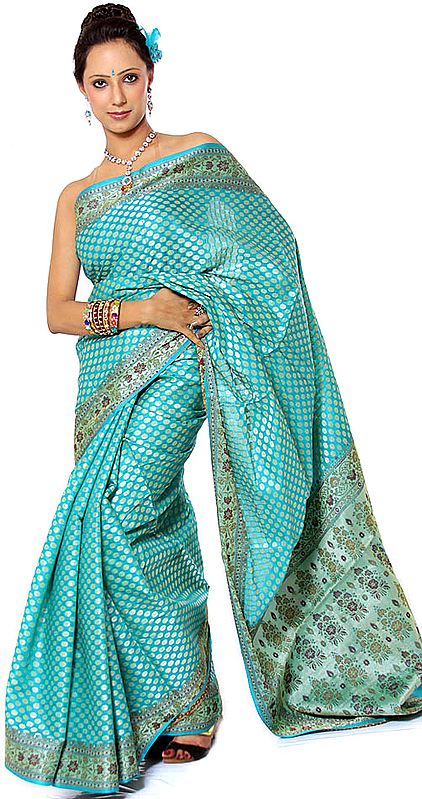Turquoise Banarasi with Golden Bootis All-Over and Floral Brocaded Anchal