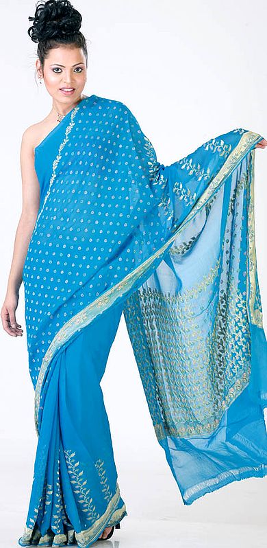 Turquoise Blue Designer Sari from Banaras Sari with Bootis All-Over and Jaal Weave on Anchal