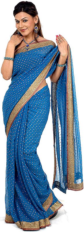 Turquoise Bridal Sari with All-Over Painted Paisleys and Sequined Border