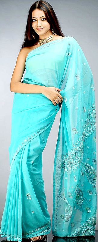 Turquoise Lukhnavi Chikan Sari