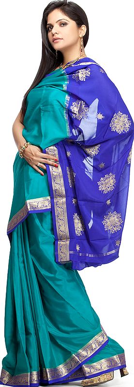 Turquoise Mysore Silk Sari with Contrast Pallu and Brocaded Bootis