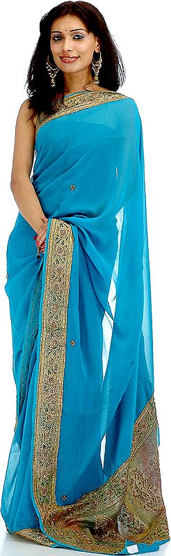 Turquoise Sari with Beads and Tissue Border