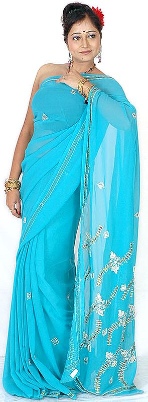 Turquoise Sari with Sequins and Beads
