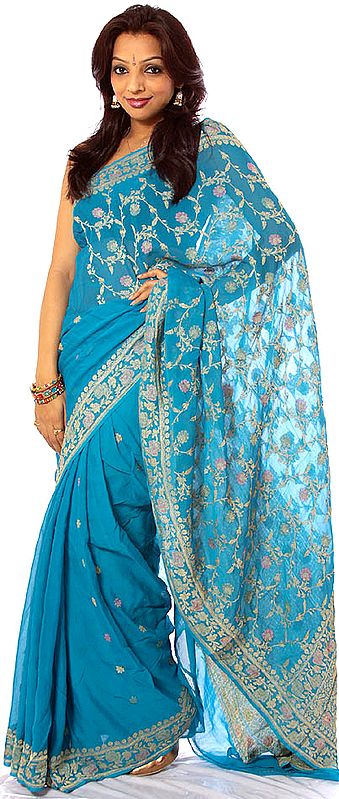 Turquoise-Blue Banarasi Sari with All-Over Floral Weave