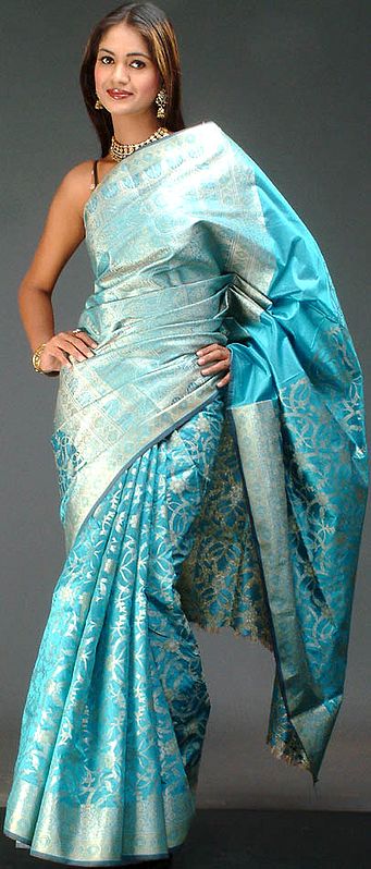 Turquoise-Blue Banarasi Sari with Jaali Weave