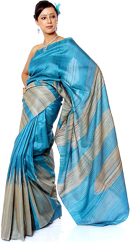 Turquoise-Blue Kosa Silk Sari from Jharkhand with Giant Temple Weave