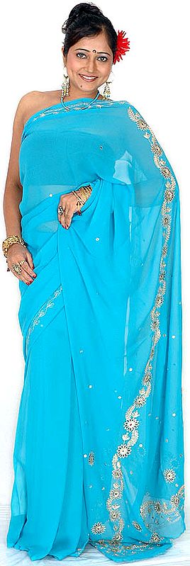 Turquoise-Blue Sari with Sequins Embroidered as Flowers