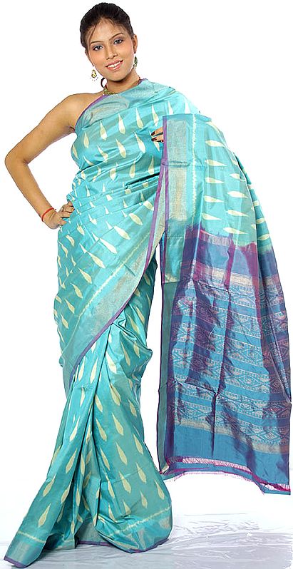 Turquoise-Green Ikat Designer Sari Hand-woven in Pochampally Village