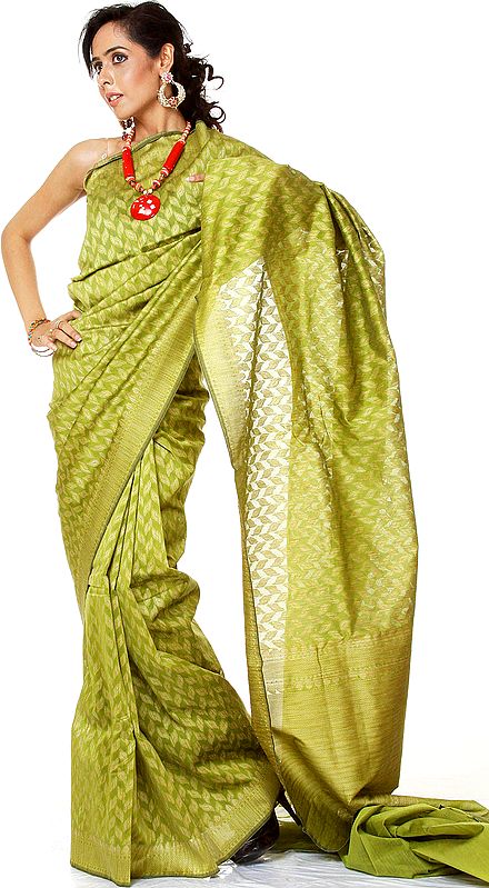 Turtle-Green Banarasi Sari with All-Over Thread Weave