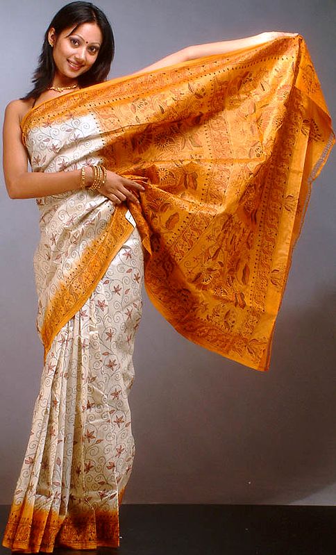 Tussar Silk Sari with Kantha Stitch Embroidery