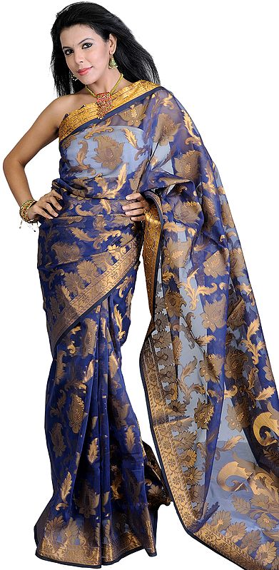Twilight-Blue Banarasi Sari with Large Woven Paisleys in Zari Thread