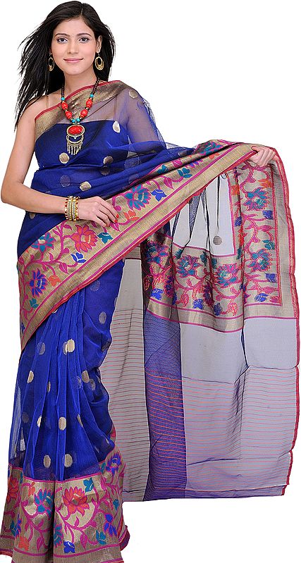 Twilight-Blue Polka Dotted Banarasi Sari with Hand Woven Flowers on Border and Aanchal