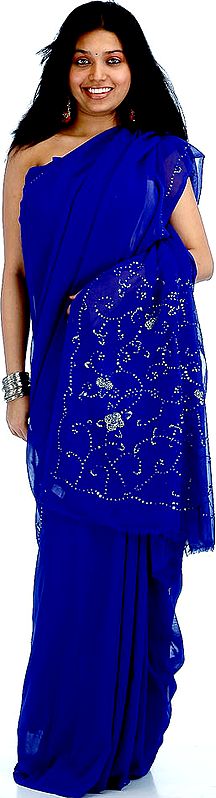 Ultramarine Sari with Sequins and Threadwork