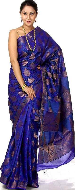 Ultramarine-Blue Banarasi Sari with Golden Thread Weave and Brocaded Aanchal