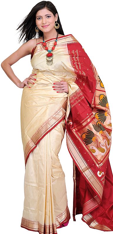 Vanilla and Red Paithani Sari with Hand-Woven Lotus Flowers and Swans