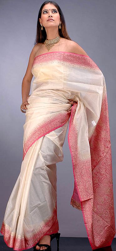 Vanilla Tussar Silk Sari with Pink Border
